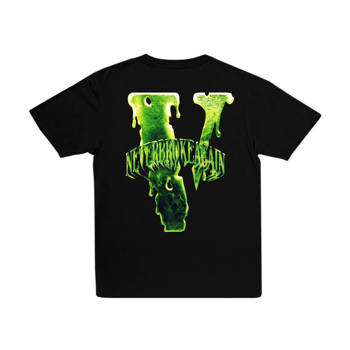 back of Vlone shirt with green V graphic 